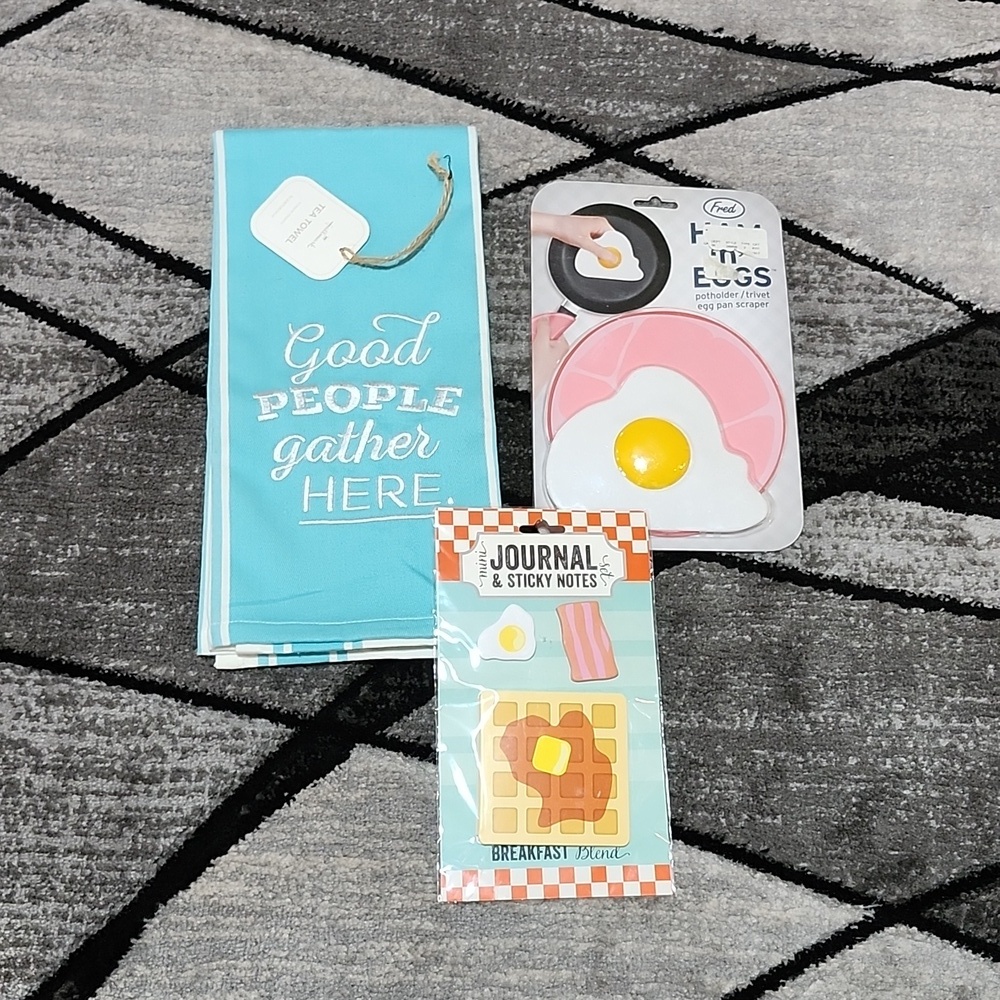 KITCHEN HALLMARK EMBROIDERED TOWEL BREAKFAST STICKY NOTES HAM & EGGS POT…